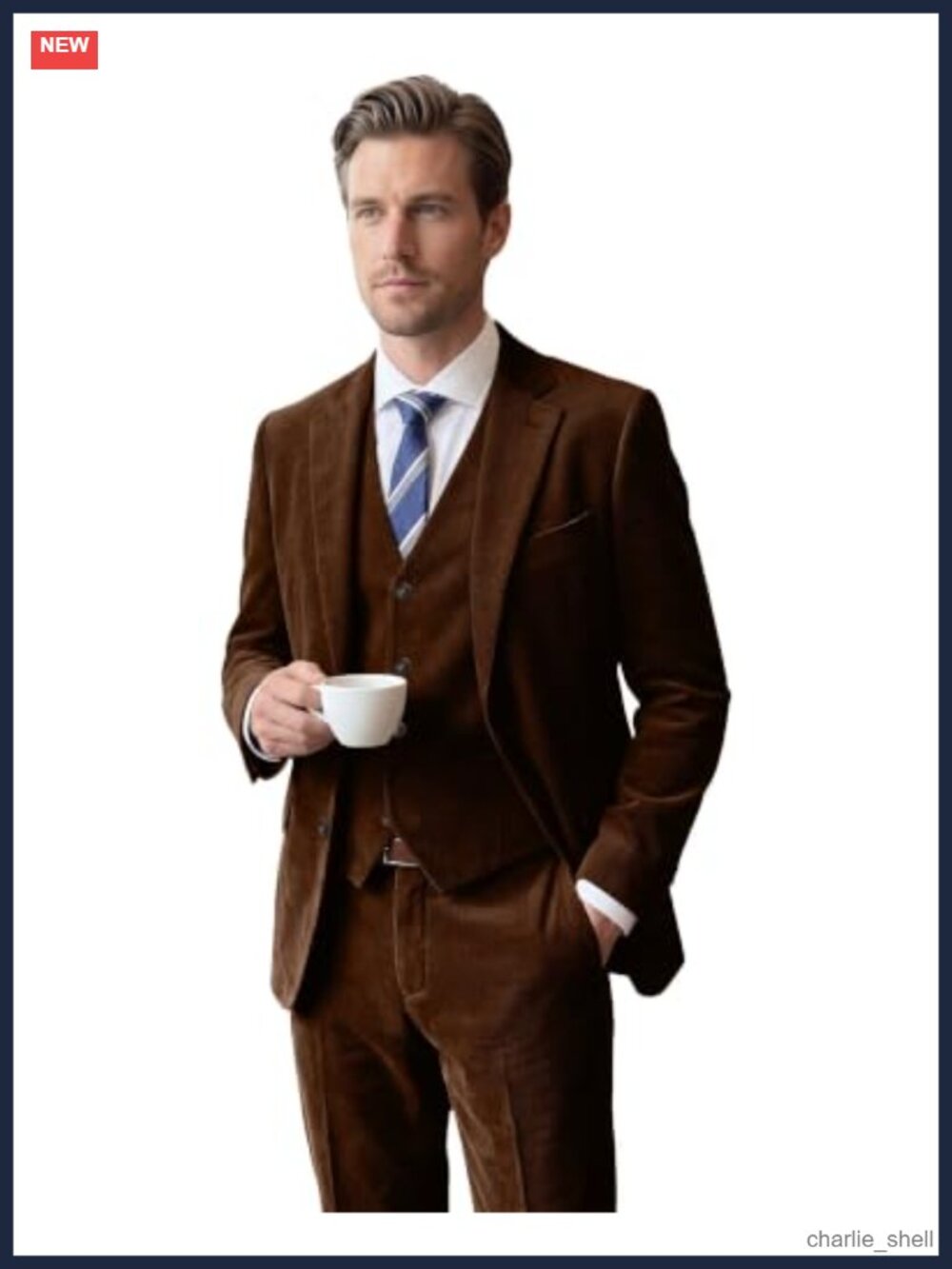 Men's 3 Piece Corduroy Suit Set Slim Fit Formal Tuxedo for Prom Wedding